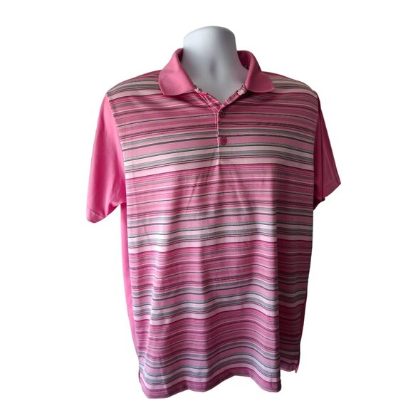Antigua Polo Golf Shirt L Pink Striped  Short Sleeve Preppy Beach Vacation - Picture 1 of 7